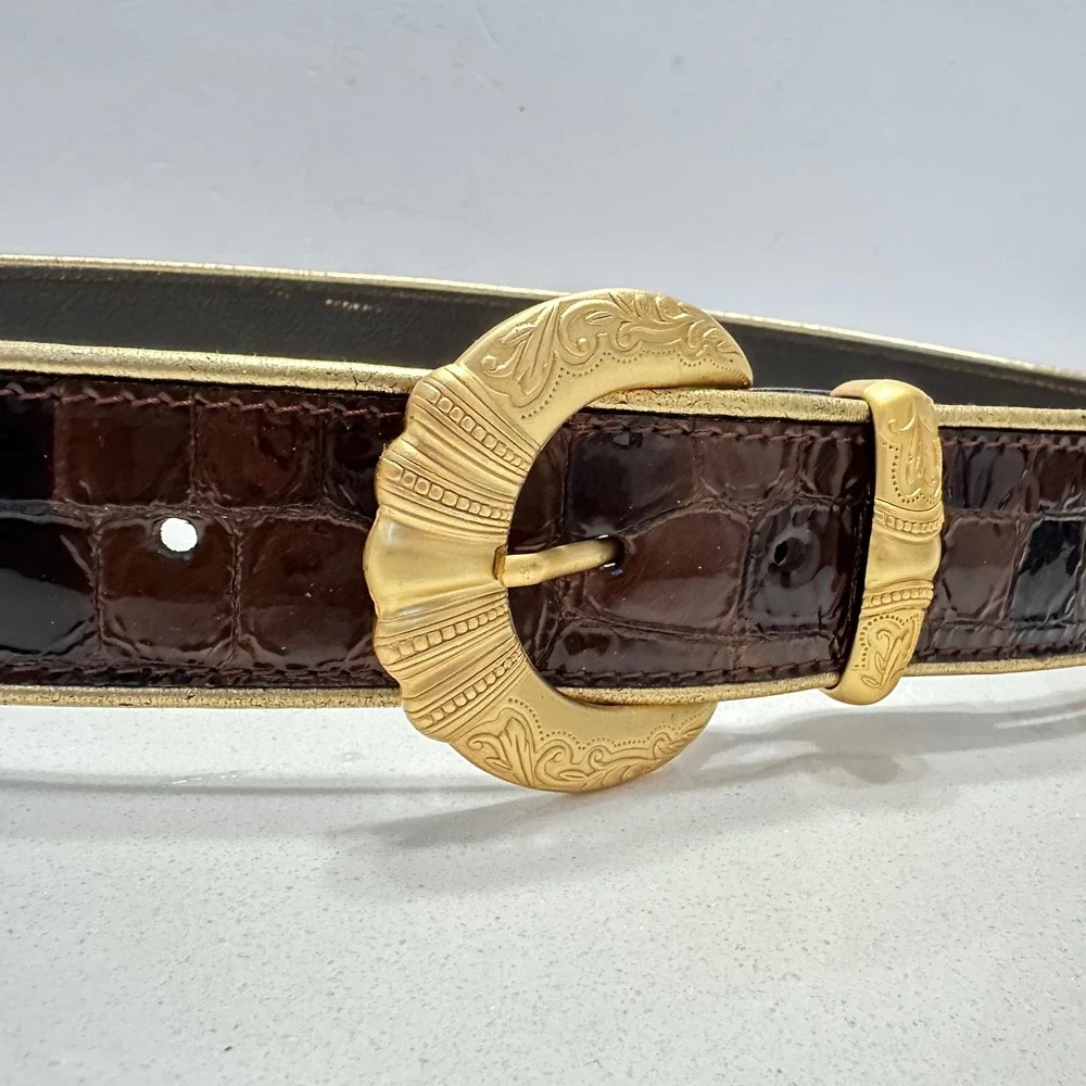Nanni Italy Brown Crocodile Embossed Leather Belt Gold Engraved Buckle Size 34